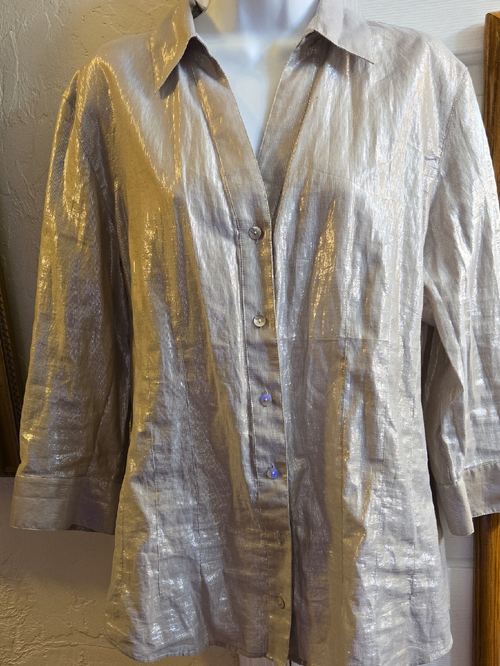 Chico's Silver Shimmery Button-Down Shirt